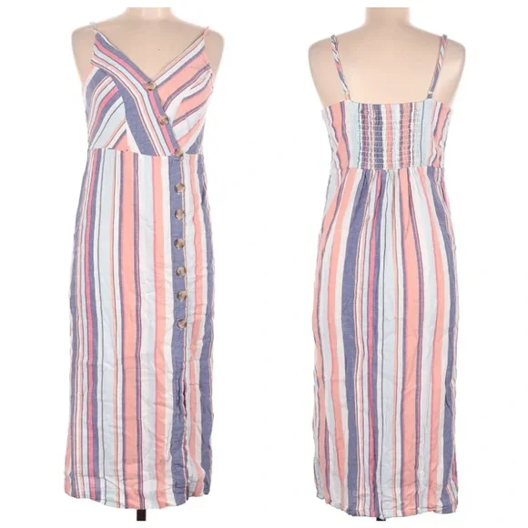 Linen Midi dress casual spring summer dress slip on striped - Picture 3 of 8